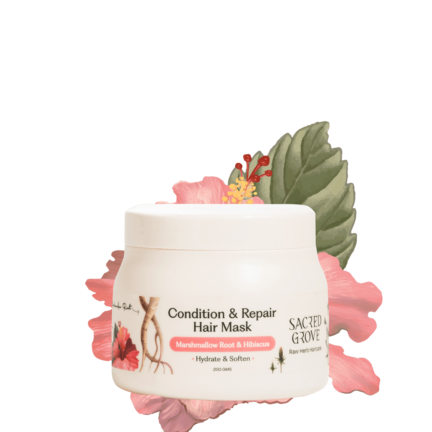 Sacred Grove Marshmallow Root Hair Mask for conditioning and repairing damaged hair, with a creamy texture and natural ingredients.