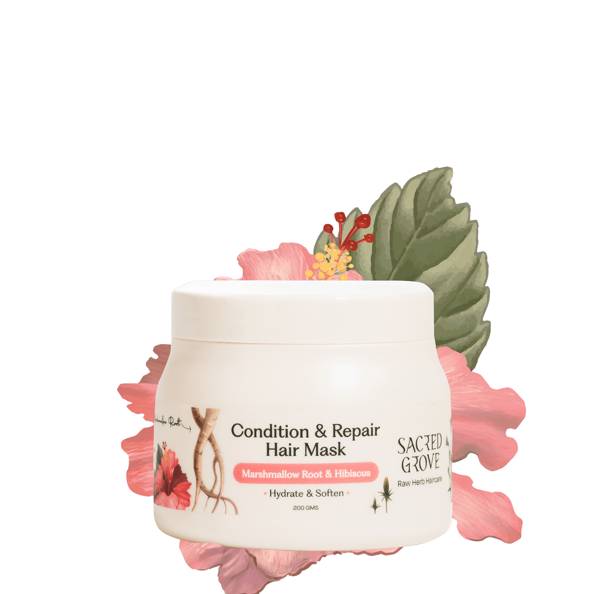Sacred Grove Marshmallow Root Hair Mask for conditioning and repairing damaged hair, with a creamy texture and natural ingredients.