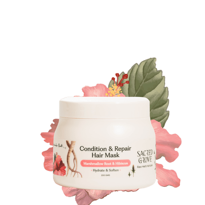 Sacred Grove Marshmallow Root Hair Mask for conditioning and repairing damaged hair, with a creamy texture and natural ingredients.