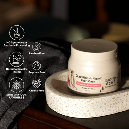 Sacred Grove Marshmallow Root Hair Mask for conditioning and repairing damaged hair, shown in a jar with natural ingredients.