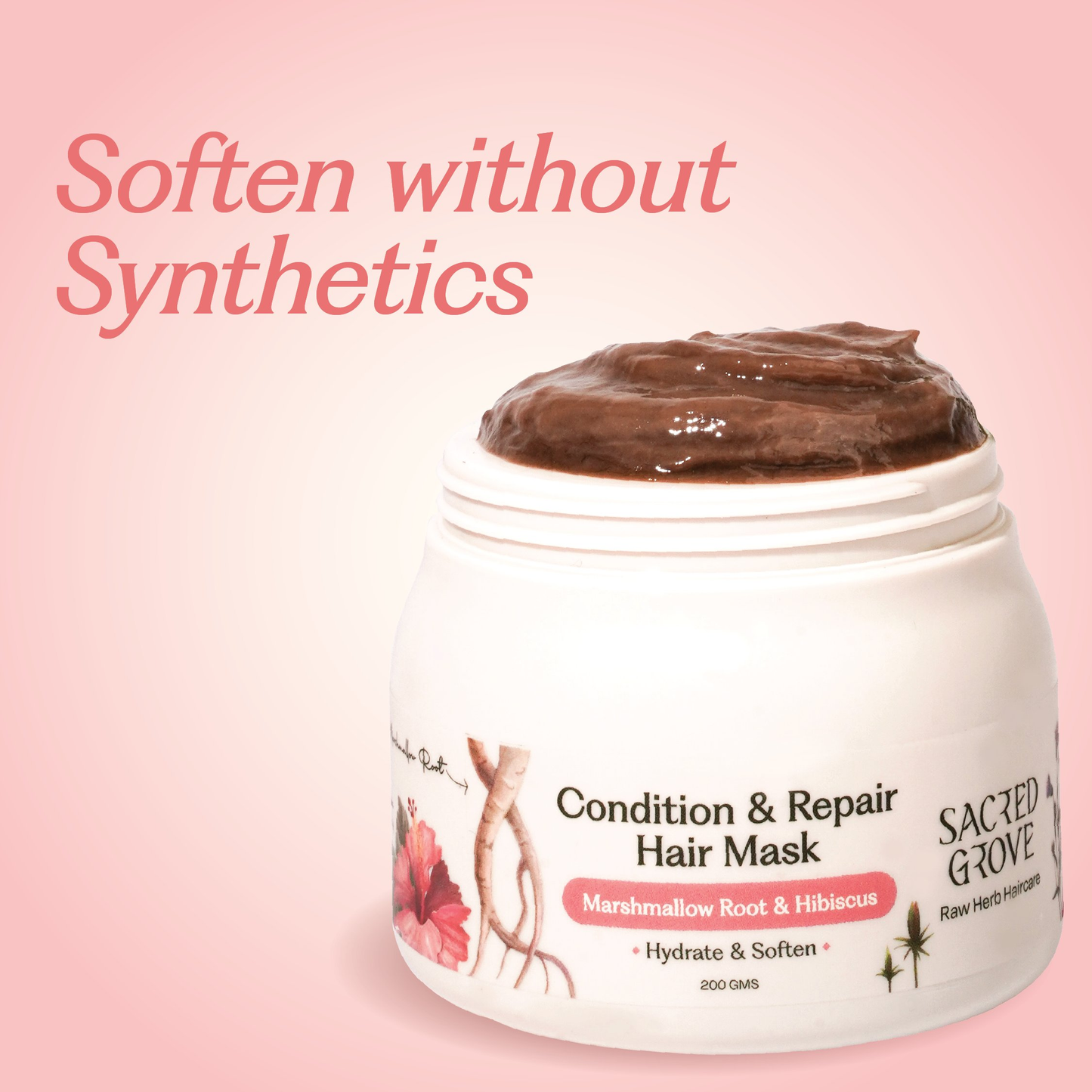 Sacred Grove Marshmallow Root Hair Mask for conditioning and repairing damaged hair, in a jar with natural ingredients.