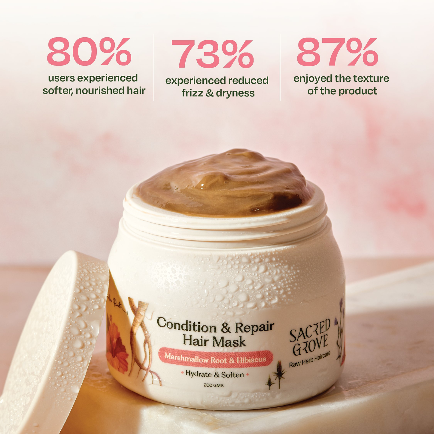 Sacred Grove Marshmallow Root Hair Mask in a jar, showing a creamy conditioner for repair and conditioning hair treatment.
