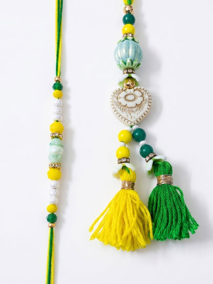 Anouk Set Of 2 Green & Yellow Beaded Heart Shape Bhaiya Bhabhi Rakhi With Roli Chawal