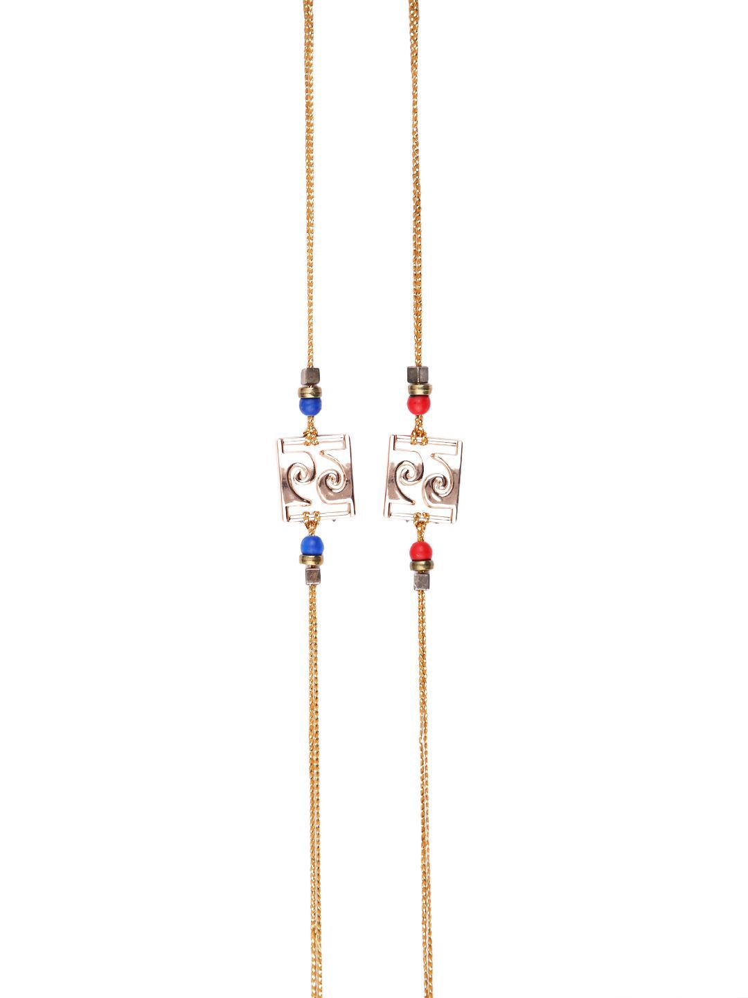 Anouk Red Set Of 2 Beaded Square Charm Thread Rakhis With Roli Chawal & Greeting Card