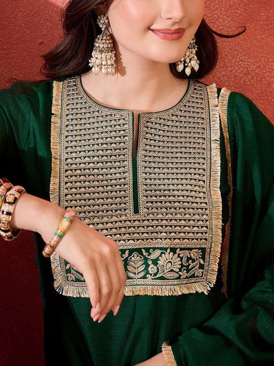 Indyancart SN Women's Zari & Sequin Cording Embroidered Straight Kurta & Trousers With Dupatta