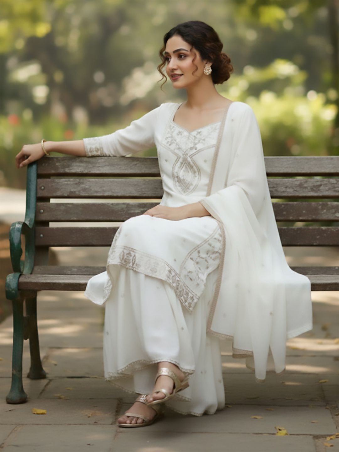 Indyancart VA Women Ethnic Motifs Embroidered Regular Thread Work Kurta with Sharara & With Dupatta