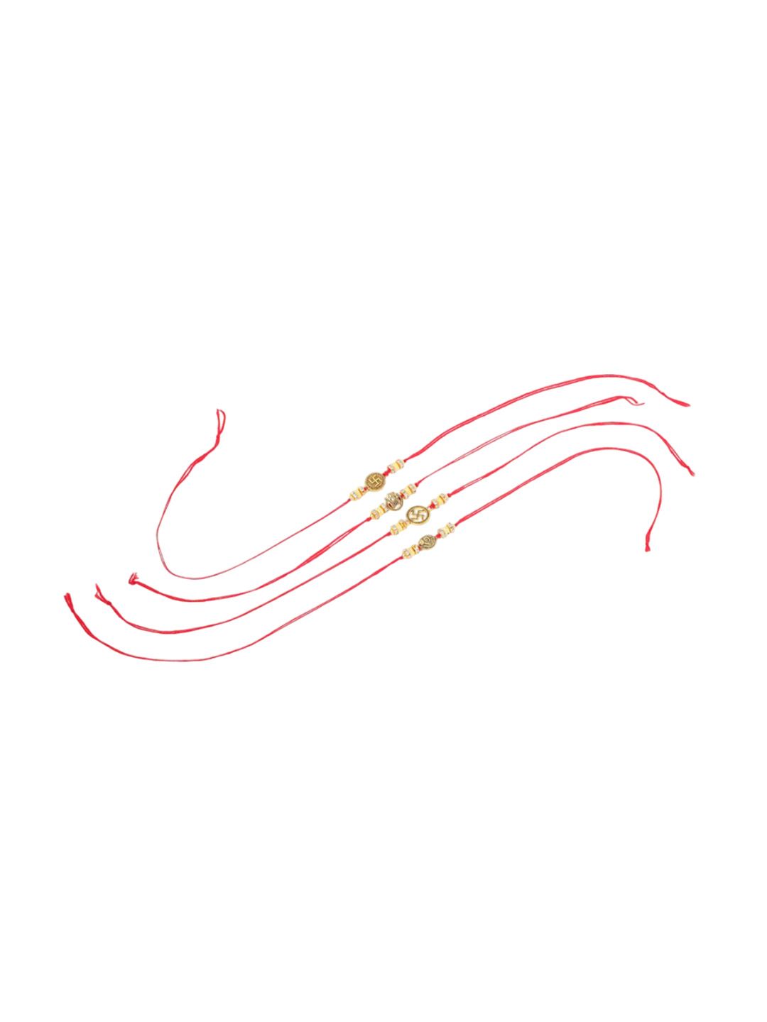 Anouk Men Set Of 4 Gold Toned Artificial Stones Swastik Design Thread Rakhi