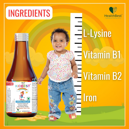 HealthBest Kidbest appetite stimulant syrup for kids, featuring a colorful bottle and child-friendly packaging for baby health support.