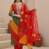 Dhiyona IE Women Leheriya Printed Regular Thread Work Kurta with Trousers & With Dupatta