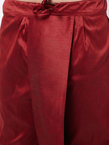 Men's Maroon Silk Blend Straight Jacket  Kurta and Dhoti Set