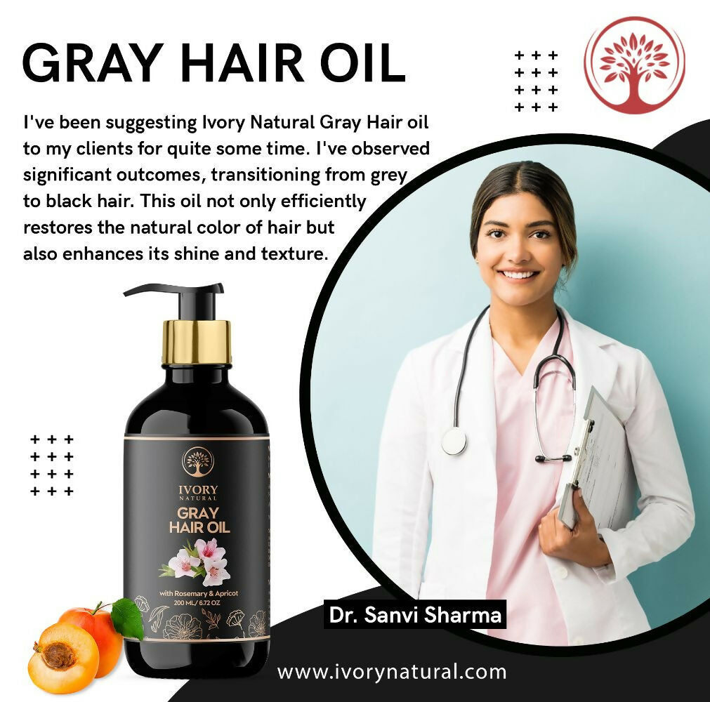 Ivory Natural hair oil bottle with ivory and gray design, promoting natural black hair and shine in a sleek, elegant packaging.