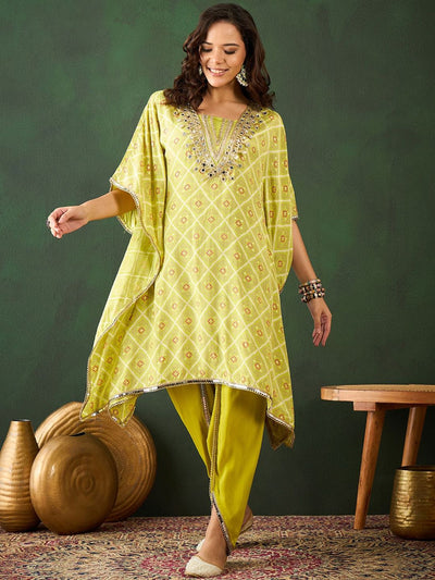 Indyancart SN Women's Green Bandhani Printed Gotta Patti Asymmetric Kaftan With Dhoti Pant