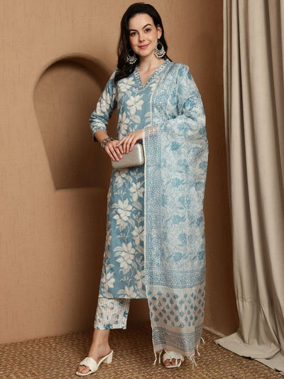 Indyancart SN Women's Floral Printed Straight Kurta With Trouser & Dupatta