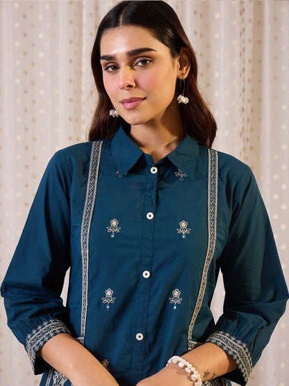Floral Embroidered Shirt Collar Thread Work Pure Cotton Kurta & Trousers