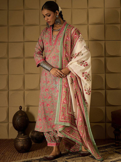 Indyancart IE Floral Printed Pure Cotton Straight Kurta with Salwar & Dupatta