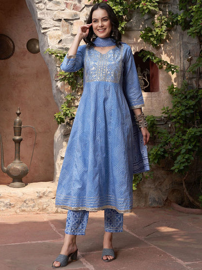 Indyancart SN Women's Blue Bandhani Printed V Neck Pure Cotton Anarkali Kurta With Trouser And Dupatta