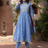 Indyancart SN Women's Blue Bandhani Printed V Neck Pure Cotton Anarkali Kurta With Trouser And Dupatta