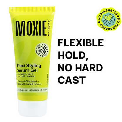 Moxie Beauty Flexi Styling Serum Gel for smooth, shiny hair, shown in a clear tube with a white cap.