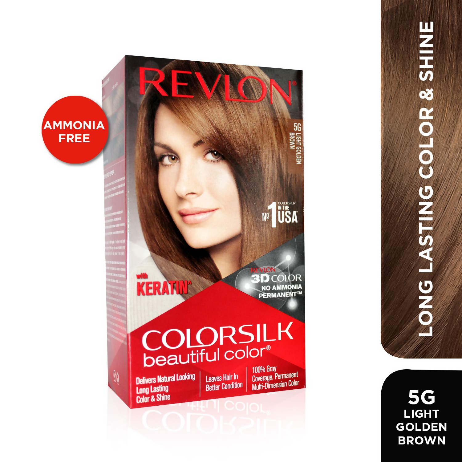 Revlon ColorSilk Beautiful Color hair dye in Light Golden Brown 5G, showing the boxed hair color product with color swatch.
