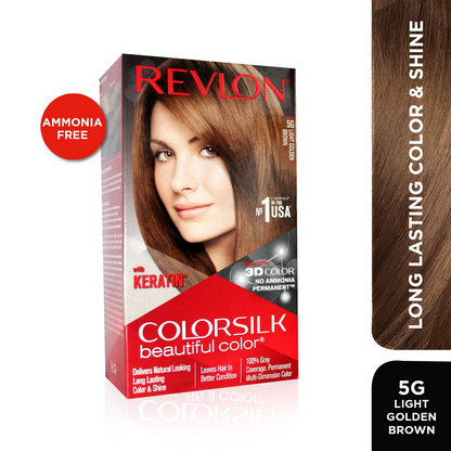 Revlon ColorSilk Beautiful Color hair dye in Light Golden Brown 5G, showing the boxed hair color product with color swatch.