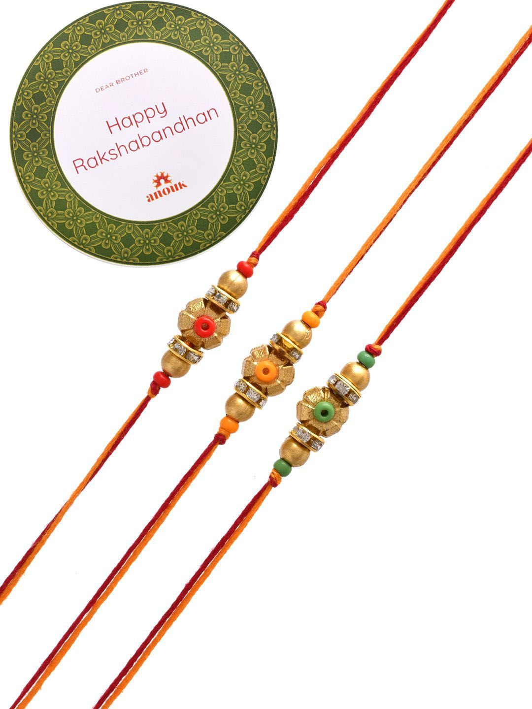 Anouk Set Of 3 Gold-Toned Beaded Rakhi With Roli Rice & Greeting Card