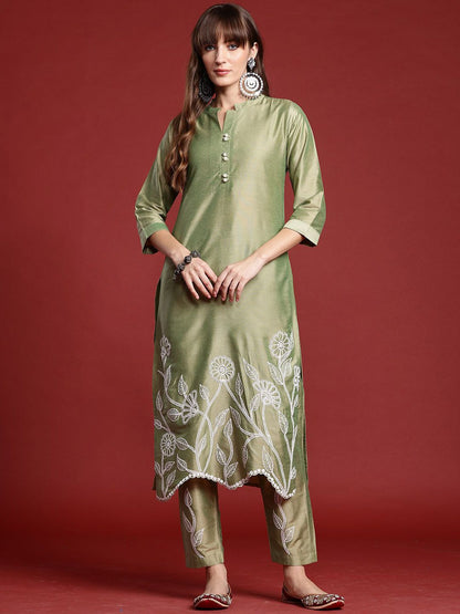 Indyancart IE Floral Embroidered Mandarin Collar Straight Tunic And Trousers