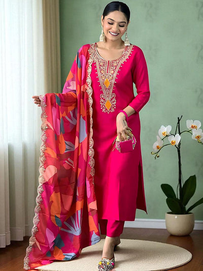 Indyancart SN Women's Embroidered Calf Length Regular Straight Kurta Pyjama & Dupatta