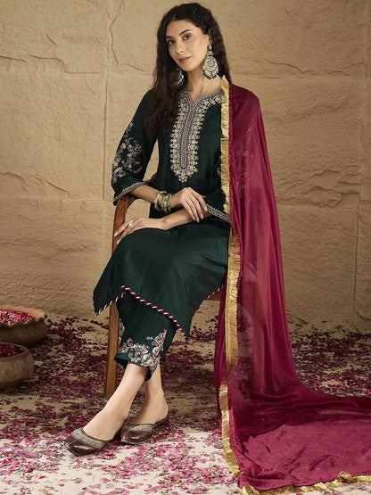 Indyancart VA Women'sFloral Yoke Design Straight Kurta With Trousers & Dupatta