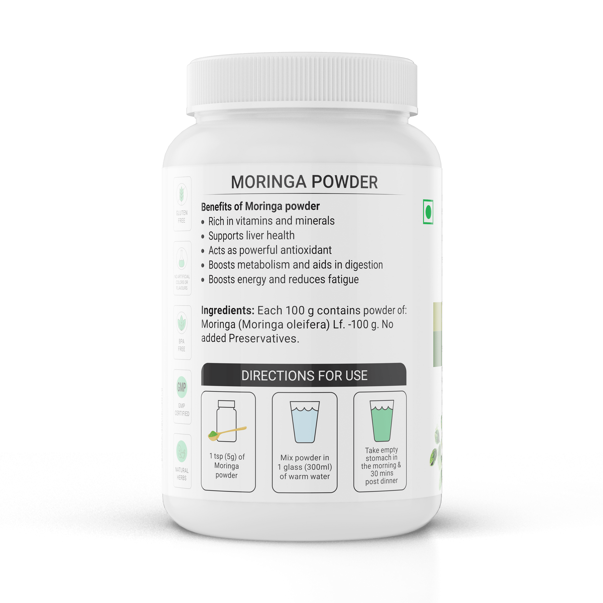 Krishna's Herbal & Ayurveda Moringa Powder in a clear container, showing bright green powdered Ayurvedic supplement for health and wellness.