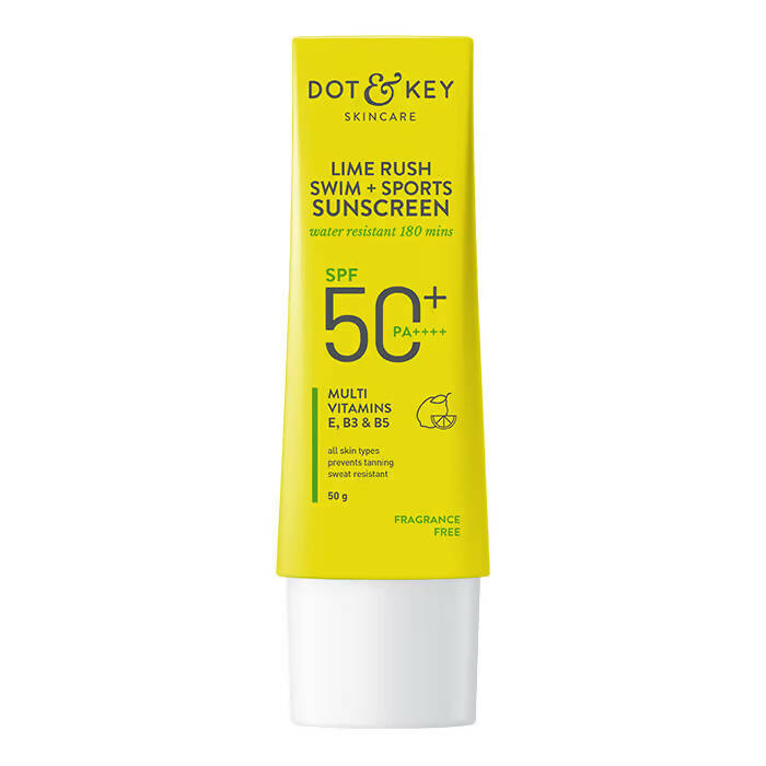 Dot & Key Lime Rush Sunscreen SPF 50+ bottle, lightweight sunscreen for swim and sports, with bright lime-themed packaging.