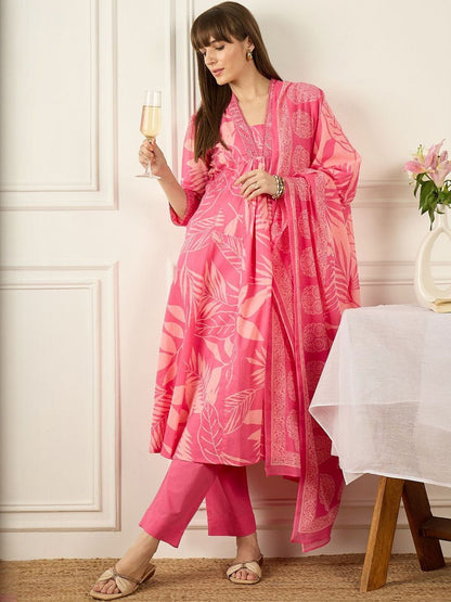 Floral Printed V-Neck Pleated Pure Cotton A-Line Kurta With Trousers & Dupatta