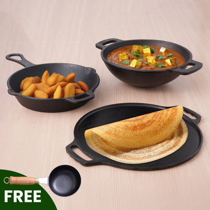 The Indus Valley CASTrong Cast Iron Cookware Set: Tawa+ Kadai+ Fry Pan, Kitchen Set for Home, Pre-seasoned, 100% Pure, Toxin-free, Tadka Pan