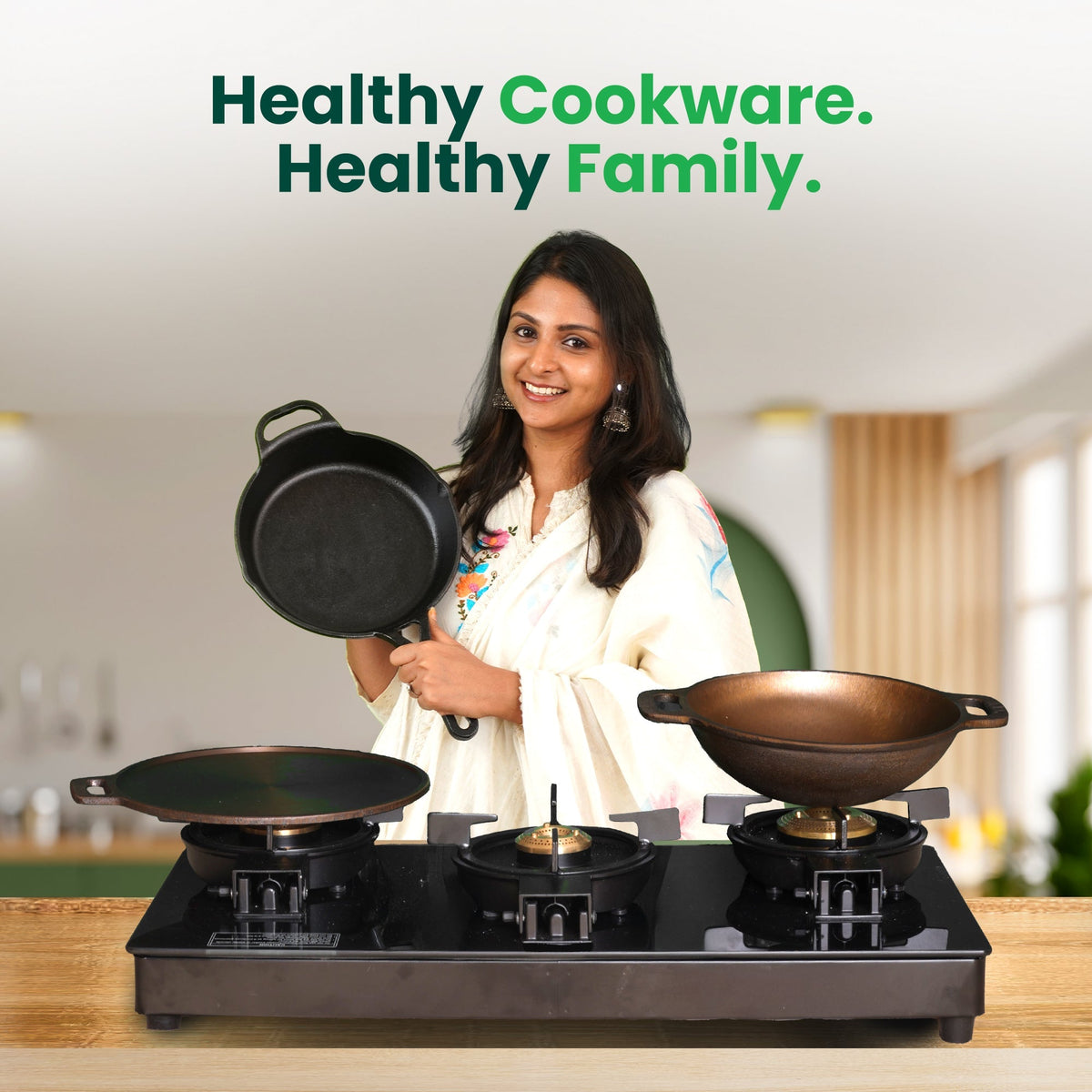The Indus Valley CASTrong Cast Iron Kadai, Pre-seasoned, Nonstick, 100% Pure, Toxin-free, Induction, 21/25cm, 1.7L/3.3kg