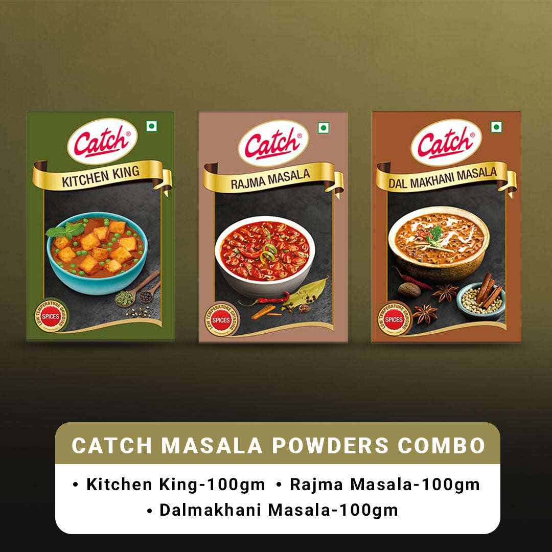 Catch masala powder combo with Kitchen King, Rajma Masala, and Dalmakhani Masala in 100g packets, ideal for flavorful Indian cooking.