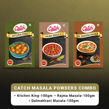 Catch masala powder combo with Kitchen King, Rajma Masala, and Dalmakhani Masala in 100g packets, ideal for flavorful Indian cooking.