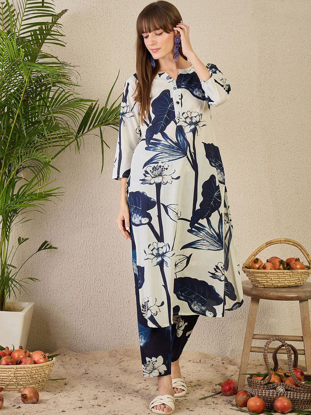 Indyancart IE Printed Notch Neck Straight Pure Cotton Tunic & Trousers
