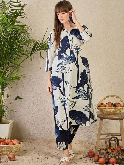 Indyancart IE Printed Notch Neck Straight Pure Cotton Tunic & Trousers