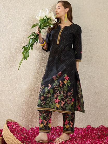 Floral Printed Thread Work Pure Cotton Straight Kurta With Trousers