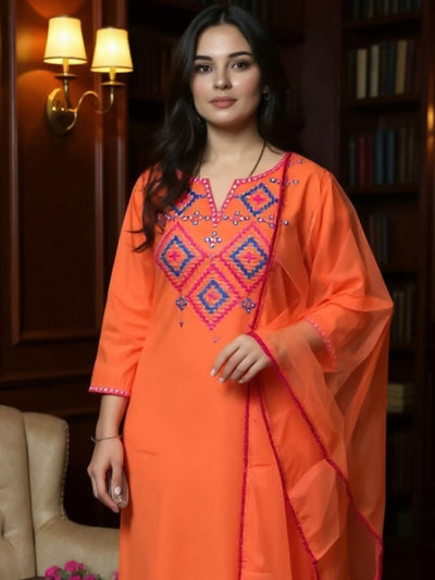Indyancart IE Women Geometric Embroidered V-Neck Mirror Work Kurta with Trousers & Dupatta