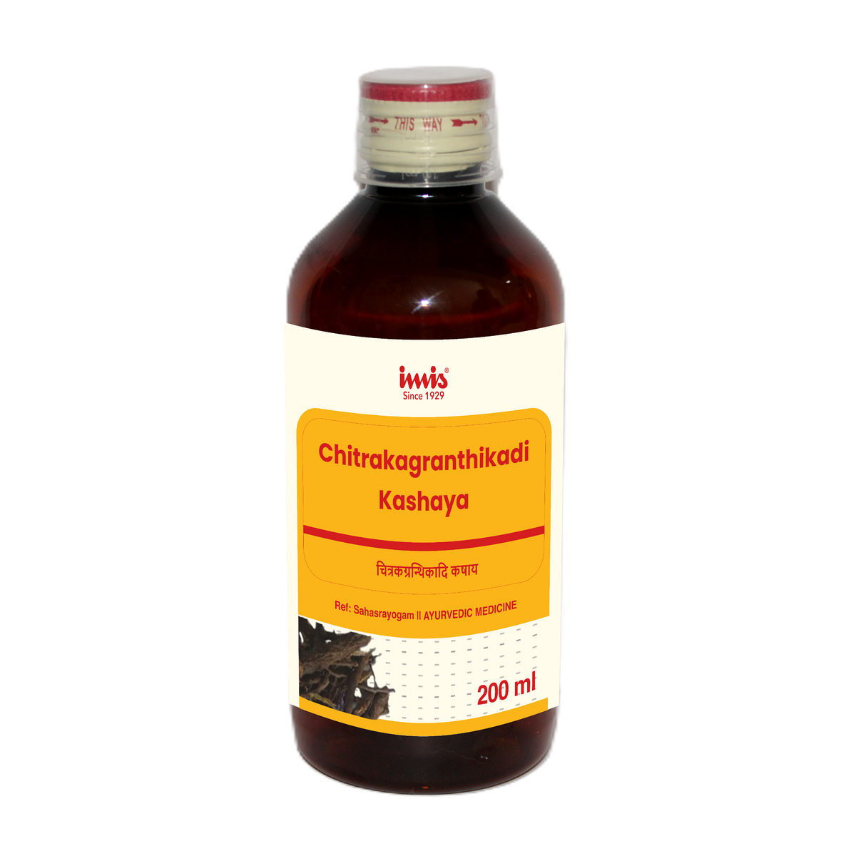 IMIS Ayurveda Chitrakagranthikadi Kashaya Ayurvedic syrup in a 200ml bottle, traditional herbal remedy for digestive health.