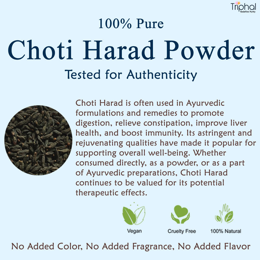 Triphal Triphal Black Himej Choti Harad Powder in a jar, Ayurvedic herbal powder for wellness and traditional health benefits.