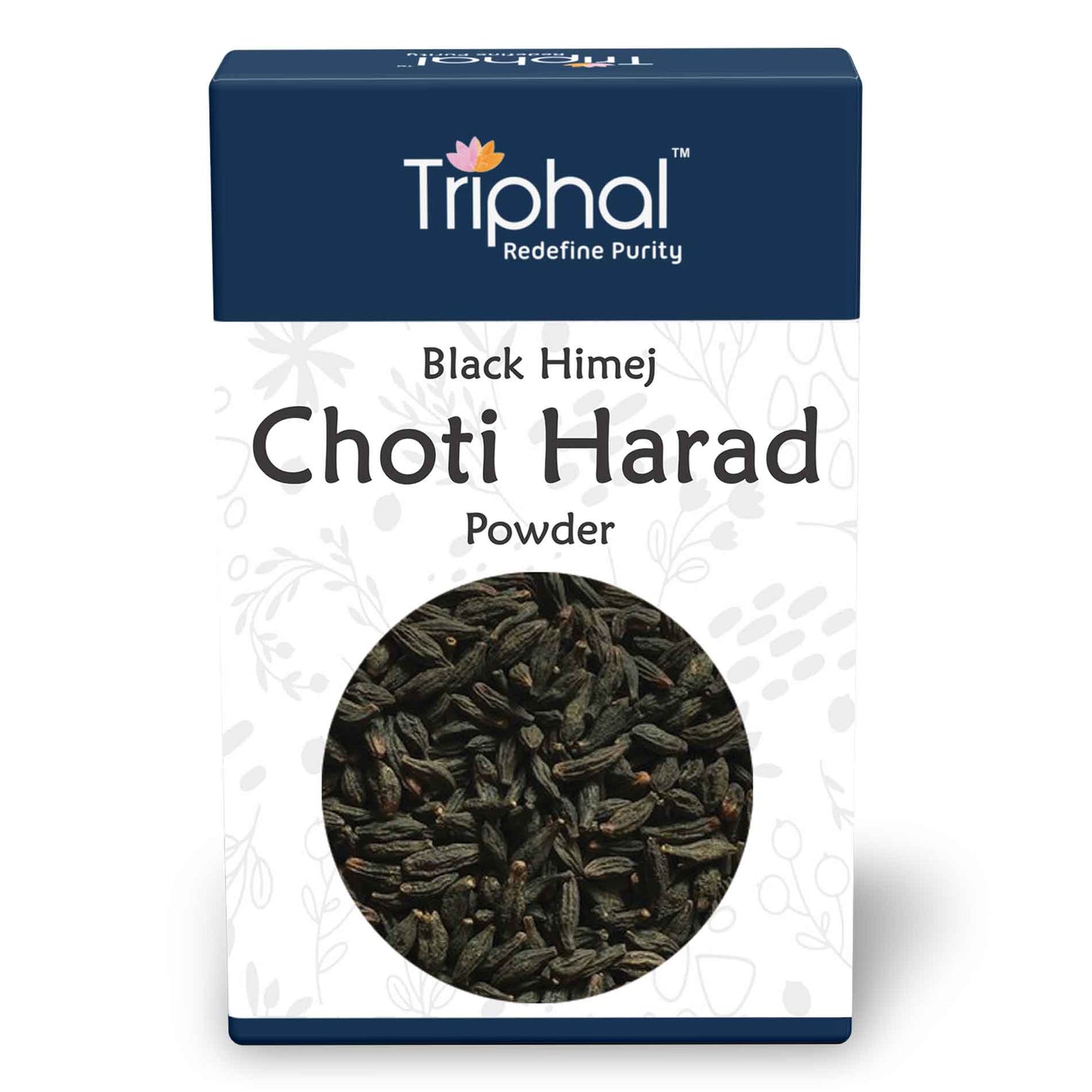Triphal Black Himej Choti Harad Powder in a jar, traditional Ayurvedic herbal powder with dark color and fine texture.