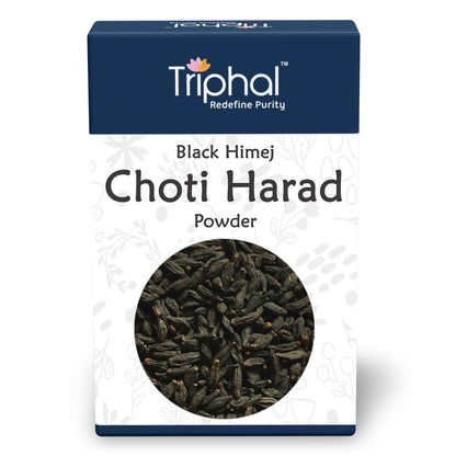 Triphal Black Himej Choti Harad Powder in a jar, traditional Ayurvedic herbal powder with dark color and fine texture.