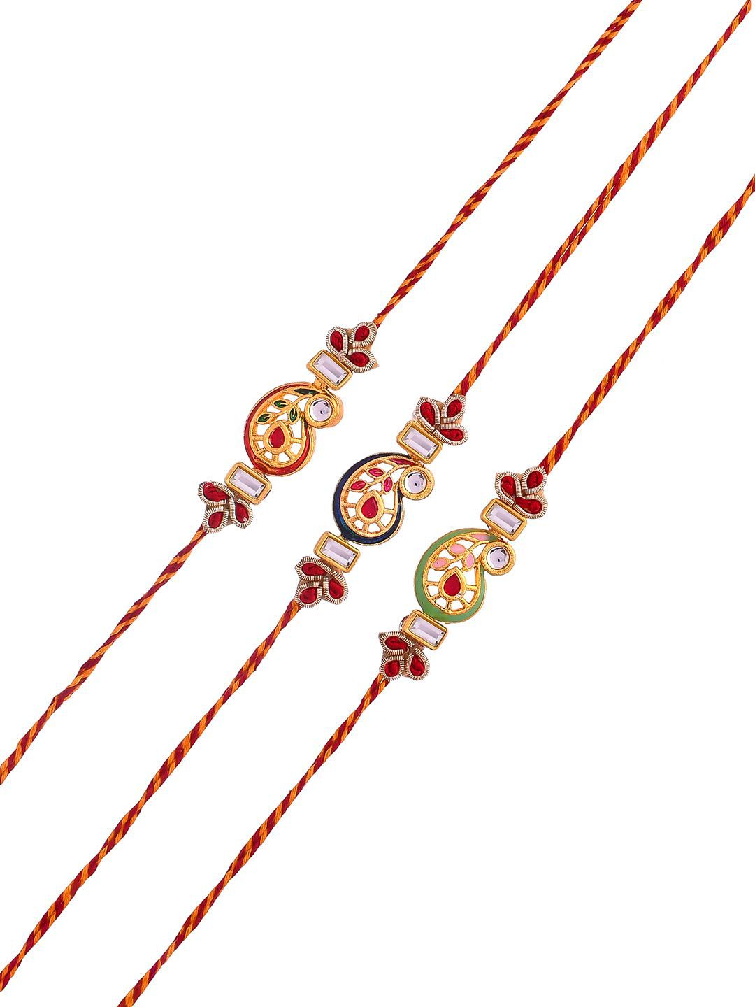 Anouk Gold Toned Set of 3 Kundan Work Thread Rakhis With Roli Chawal & Greetings Card