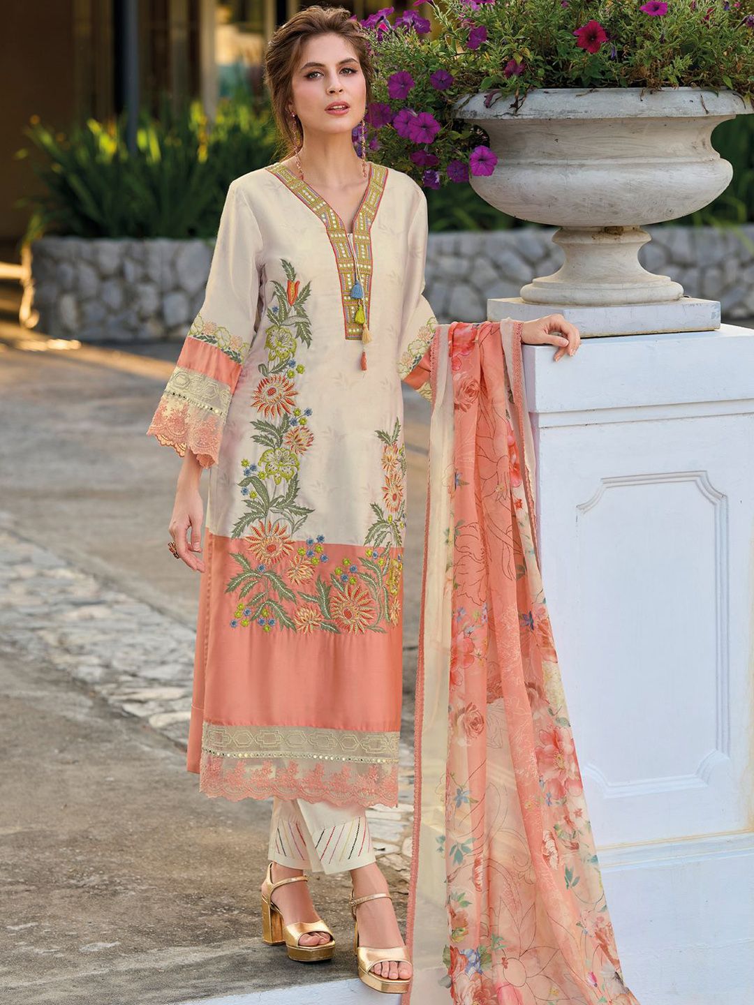 Indyancart IE Women's Floral Embroidered Mirror Work Kurta with Trousers & Dupatta