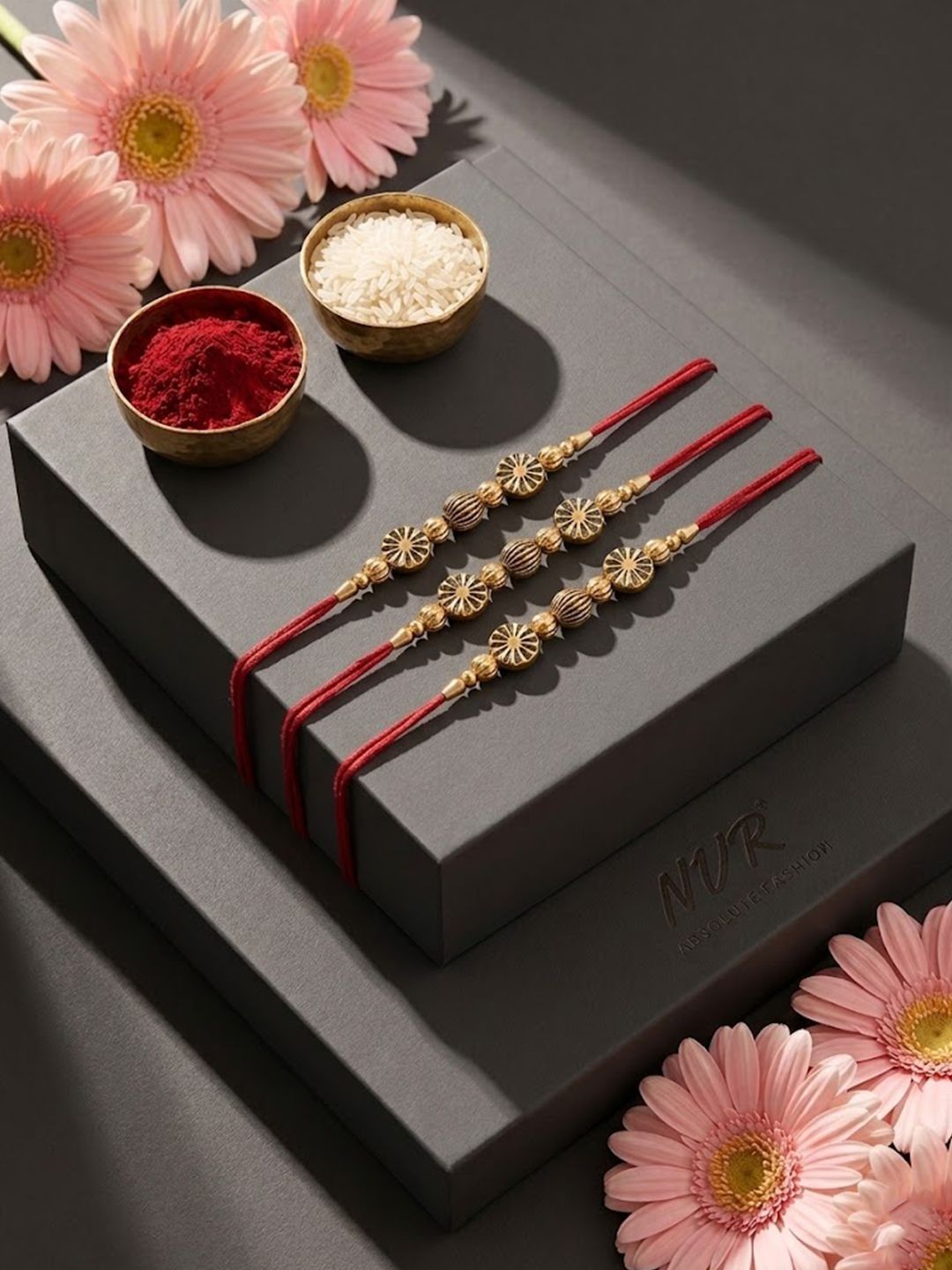 Anouk Set Of 3 Red & Gold Toned Artificial Stones & Beads Thread Rakhi With Roli Chawal