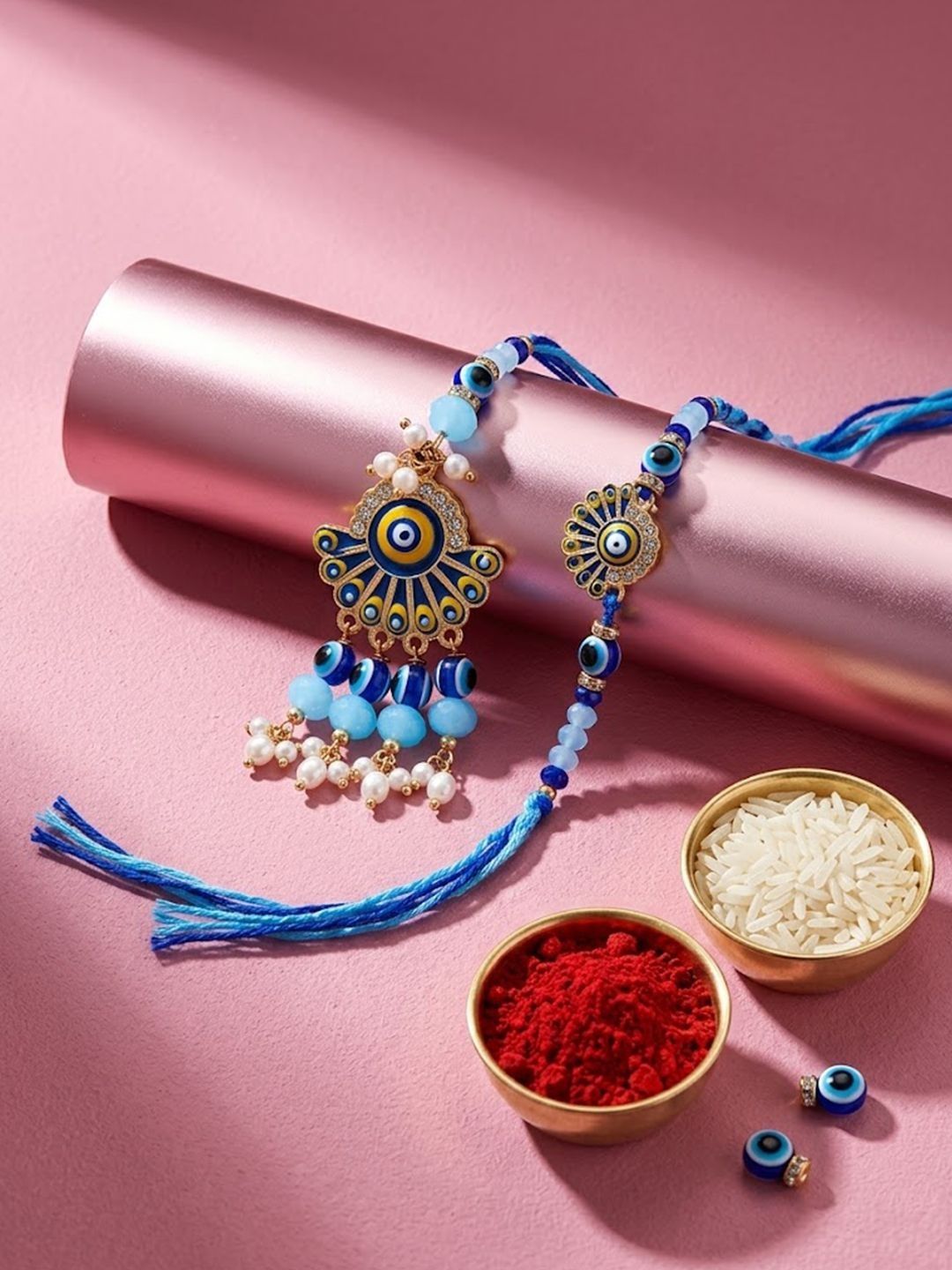 Anouk Set Of 2 Blue Evil Eye Artificial Beads Bhaiya Bhabhi Rakhi With Roli Chawal