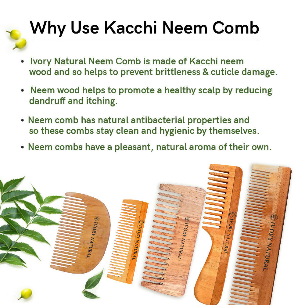 Ivory Natural Handle Kacchi Neem Comb For Gentle Detangling & Scalp Nourishment For Hair