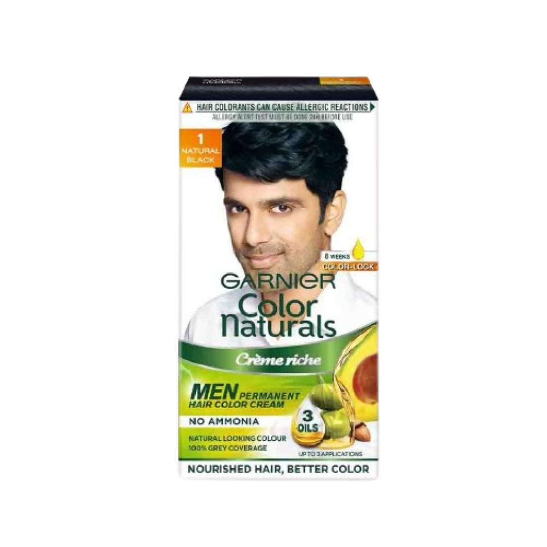 Garnier Color Naturals Creme Riche Men hair color in shade 1 Natural Black, showing the product box and hair color tube.