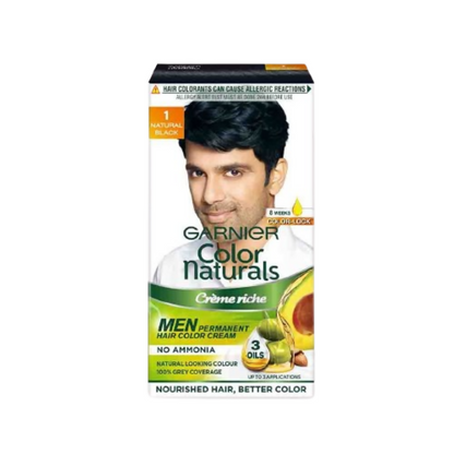 Garnier Color Naturals Creme Riche Men hair color in shade 1 Natural Black, showing the product box and hair color tube.